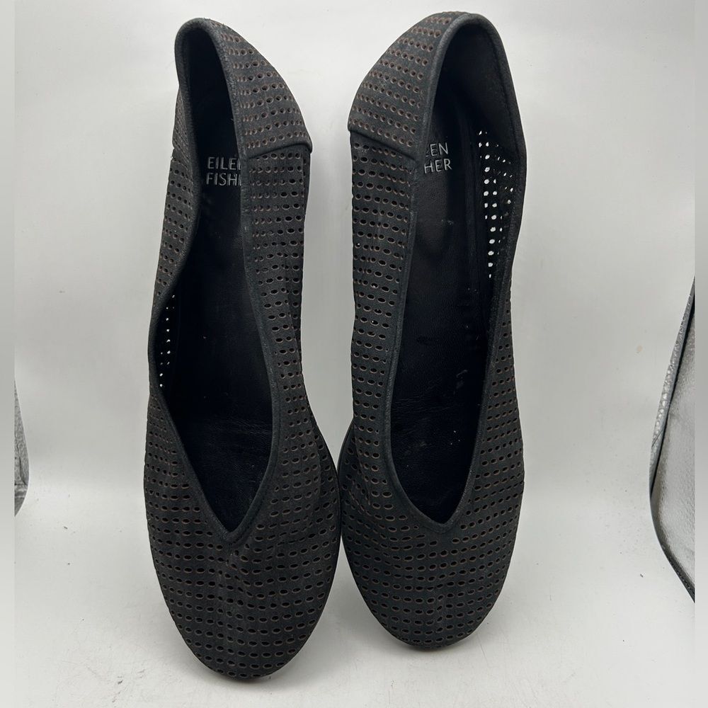 Eileen Fisher Humor Suede Ballet Flats Slip-On Black 9 1/2 perforated leather - Picture 7 of 12